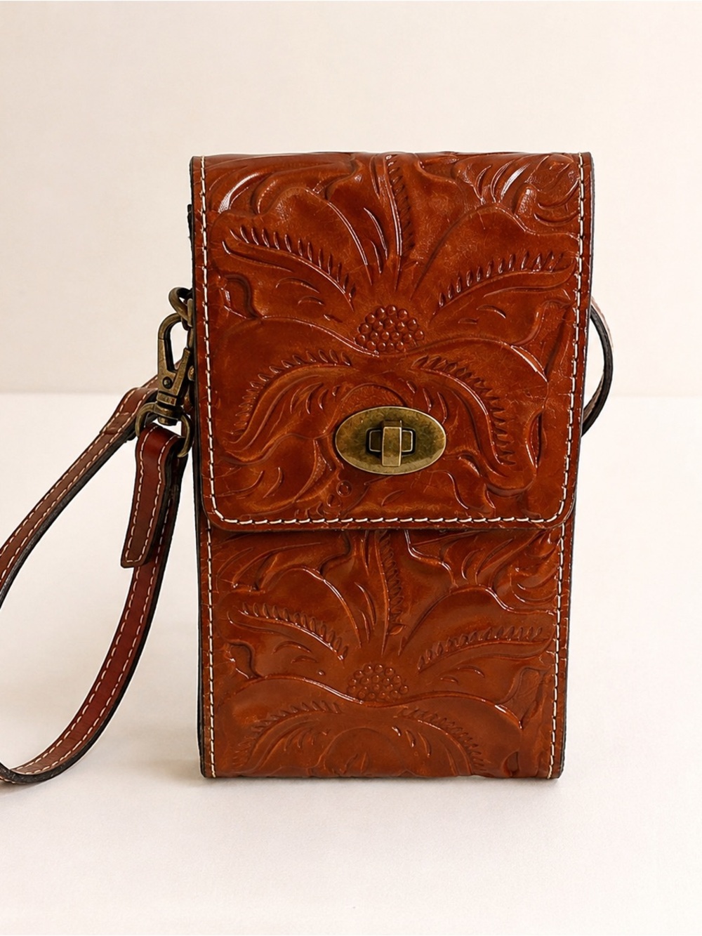 Patricia Nash Rivella Tooled Leather Crossbody Phone Bag Florence Brown NWT